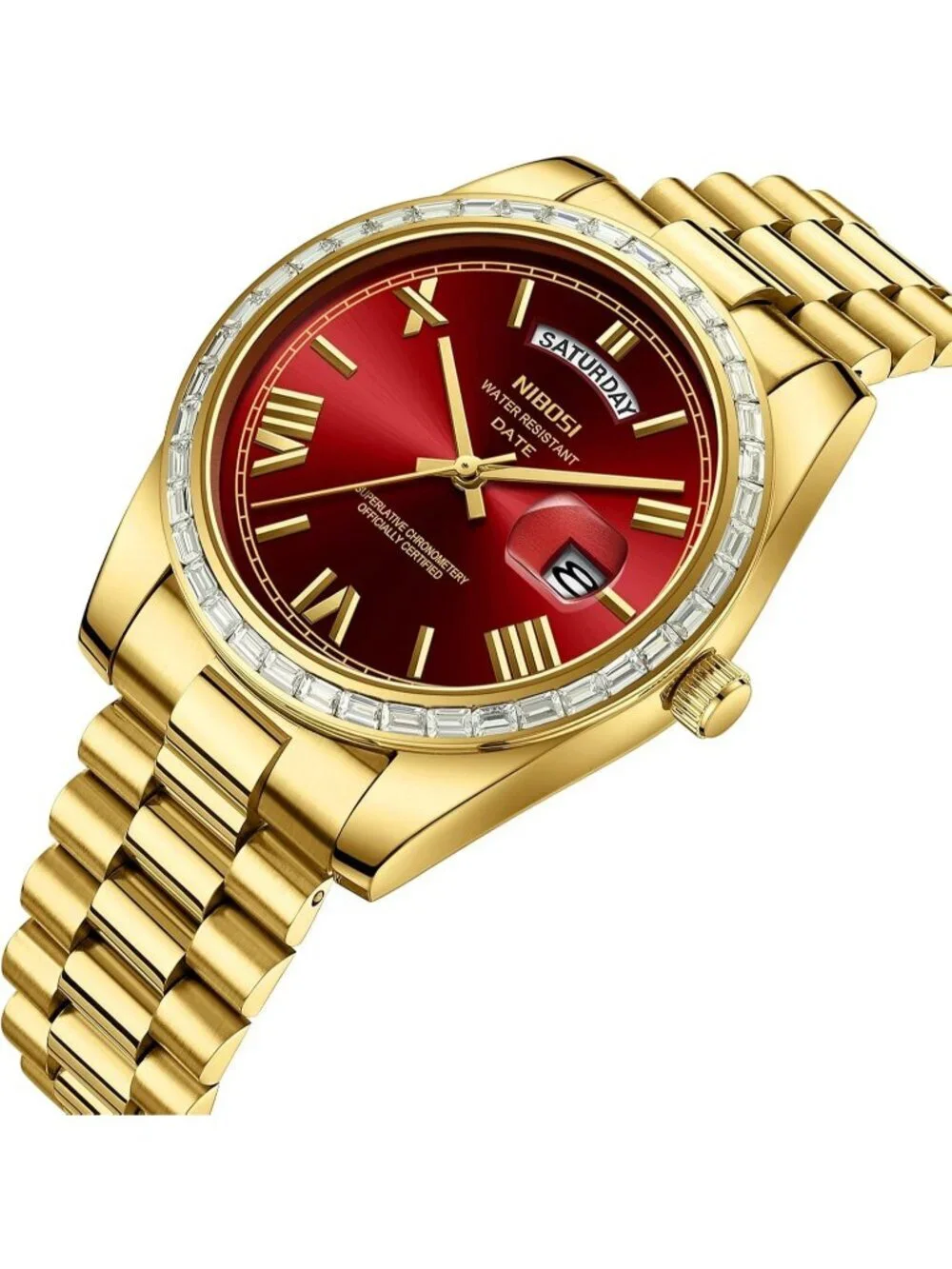 Nibosi Men's Gold Red Analog Quartz Diamond Bezel Stainless Waterproof Watch